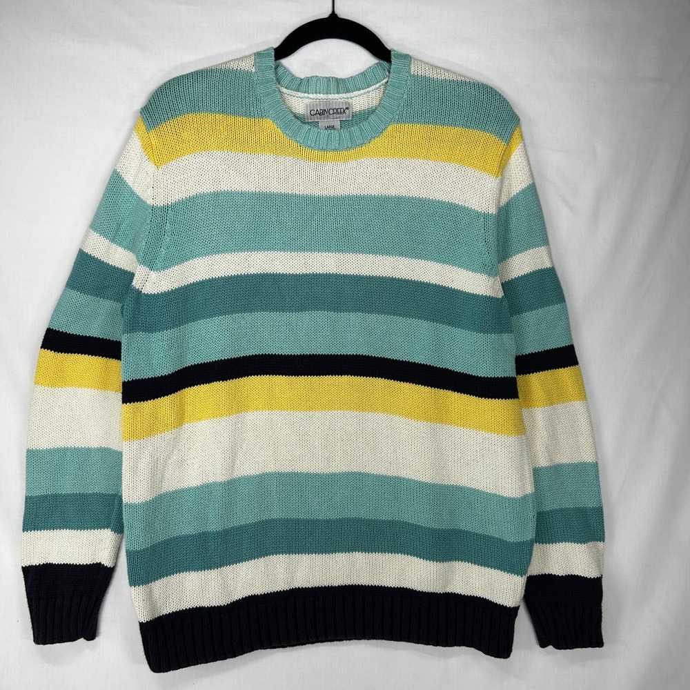 Cabin Creek Multi Color Striped Cotton Crewneck Sweater Vintage Casual Large